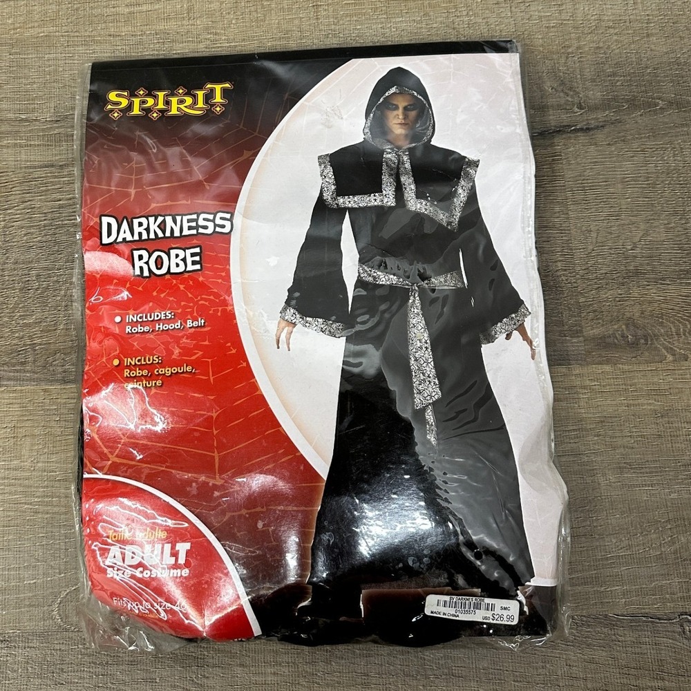 Spirit Halloween Darkness Robe Adult Costume Black Silver Hooded Reaper Size 46